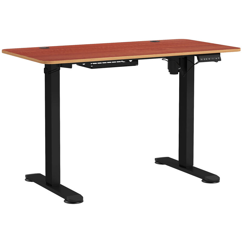 bureau assis debout électrique - bureau réglable en hauteur - bureau électrique réglable - acier noir aspect bois acajou - orange