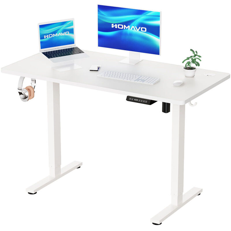 Homavo - Bureau Assis Debout Électrique 140x70cm, Fonction mémoire et anti-collision, Ports de charge rapide usb-a et Type C,Hauteur réglable