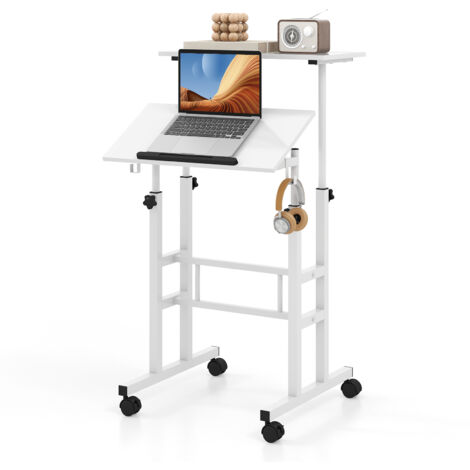 Bureau Assis Debout Mobile, Bureau Ordinateur Portable à Hauteur Réglable avec Plateau Angle Ajustable, 2 Crochets Amovibles et Roulettes, Blanc