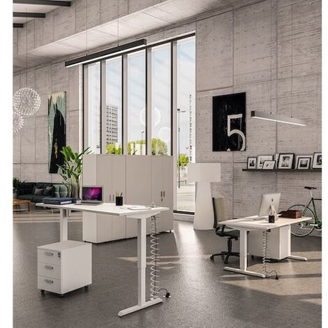 Bureau assis-debout Nivo à mémoire de position pied blanc L 140 cm - Plateau blanc - Maxiburo