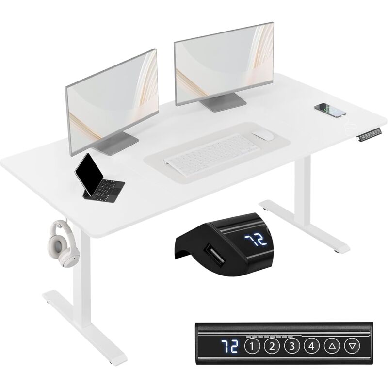 Woltu - Bureau Assis Debout 160x75cm, Bureau Réglable en Hauteur 72-120cm, avec Port usb, 4 Hauteurs de Mémoire, Système Anti-Collision, Blanc