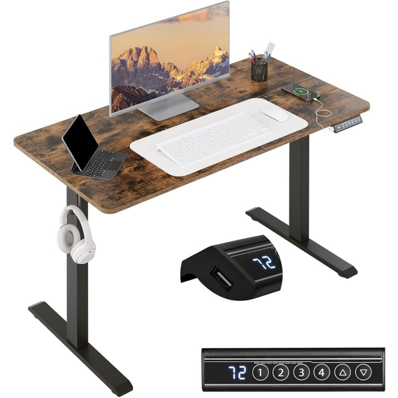 Woltu - Bureau Assis Debout 120x60cm, Bureau Réglable en Hauteur 72-120cm, avec Port usb, 4 Hauteurs de Mémoire, Système Anti-Collision, Marron