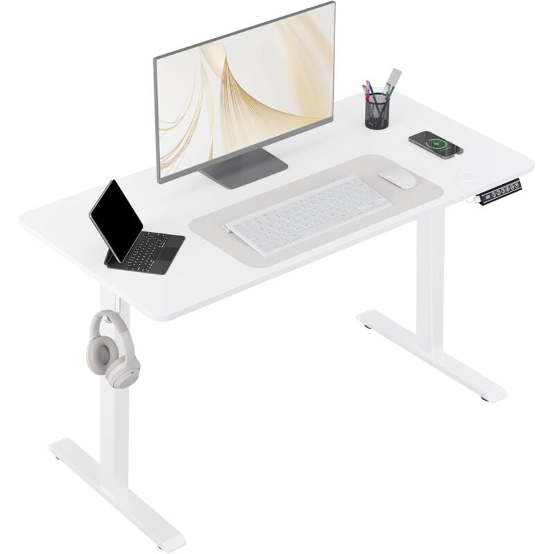 Woltu - Bureau Assis Debout 120x60cm, Bureau Réglable en Hauteur 72-120cm, avec Port usb, 4 Hauteurs de Mémoire, Système Anti-Collision, Blanc