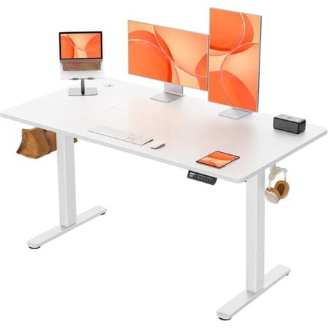 Bureau assis debout,bureau électrique réglable en hauteur, bureau domestique avec panneau de jonction, intelligence de mémoire à 4 vitesses et avec crochets, 140 x 70 cm, Blanc,ERGEAR