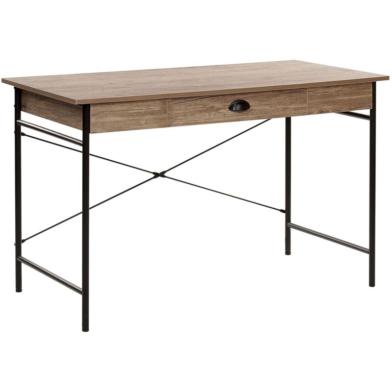 Table Bureau Effet Bois Foncé avec Pieds en Métal Noir et Tiroir Pratique Design Ergonomique et Tendance pour Chambre ou Salon Industriel Beliani