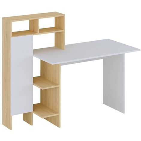 Bureau avec 1 placard et 4 niches - Blanc et naturel - MONTOLANIA