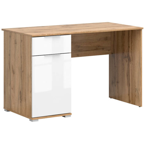 Bureau avec 1 portes et 1 tiroir coloris Chêne wotan/Blanc brillant - Longueur 120 x Profondeur 60 x Hauteur 76 cm