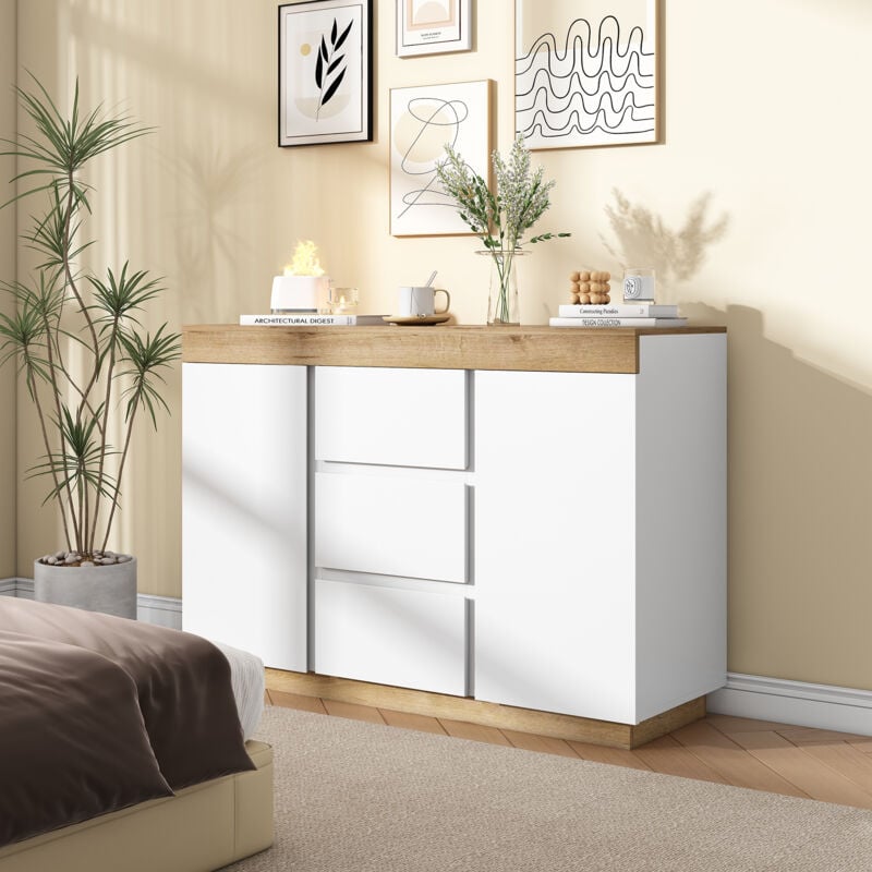 Okwish - Commode, casier blanc avec 3 tiroirs et 2 portes pour chambre et salon, aggloméré