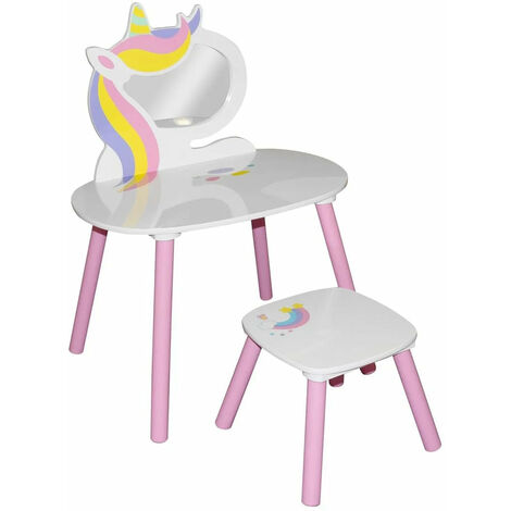 BUREAU AVEC CHAISE COIFFEUSE ENFANT METTRE LA TABLE ENFANT ENSEMBLE COIFFEUSE MIROIR 60X45XH80CM TABOURET 30X30XH27CM JUDY WILD SWEET LICORNE - ROSE