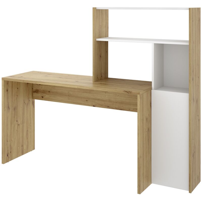 Pegane - Bureau avec étagère en panneaux de particules mélaminés coloris blanc/chêne-Longueur 130 x Profondeur 50 x Hauteur 139 cm