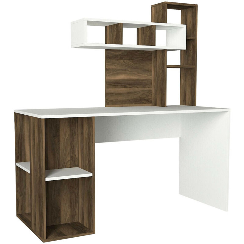 Bureau avec étagère intégré bois noyer et blanc Ciska 120