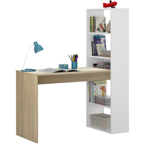 Bureau avec étagère intégrée coloris blanc artic / chêne canadien - Hauteur 144 x Longueur 120 x Profondeur 53 cm -PEGANE-