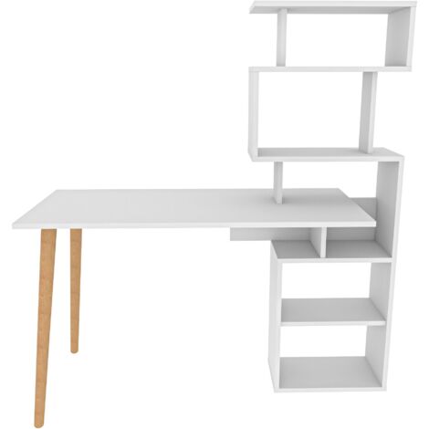 Bureau avec étagères bois blanc et pieds naturel Vikio 133cm