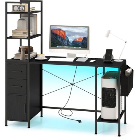 Bureau avec Lumières LED et Multiprise Intégrée, Étagères de Rangment Ouvertes, 2 Tiroirs, Armoire, Poche en Tissu, Table d'Ecriture, Noir
