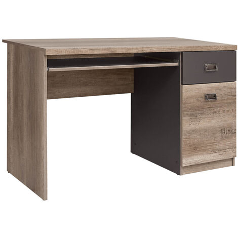 Bureau avec porte et tiroir coloris Chêne/Gris motif écriture - Longueur 120 x Largeur 65 x Hauteur 77,5 cm