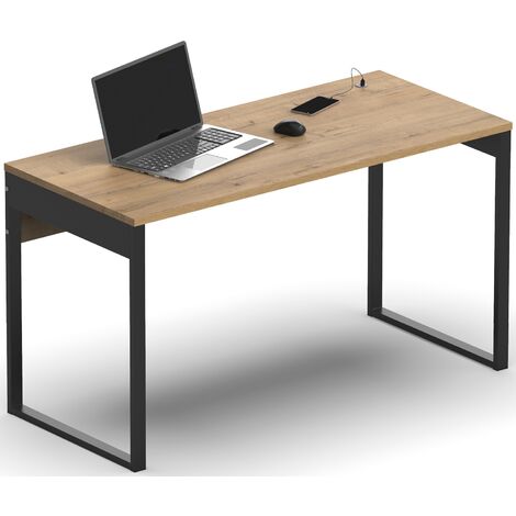 Bureau avec ports USB en aggloméré finition chêne doré et pieds en métal noir - Longueur 135 x Profondeur 60 x Hauteur 76 cm -PEGANE-