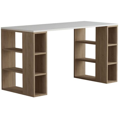 Bureau avec rangement 140x60x75 cm décor naturel et blanc