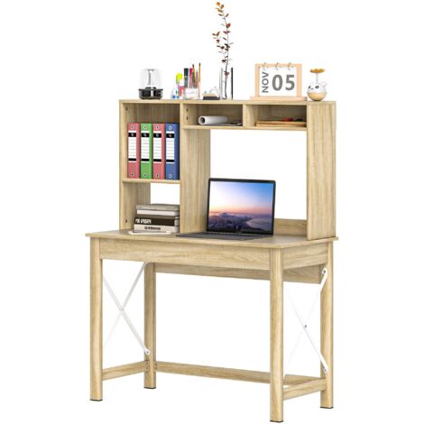 Bureau avec rangement bureau bibliothèque en bois avec étagères et grand plateau pour petits espaces, aspect chêne