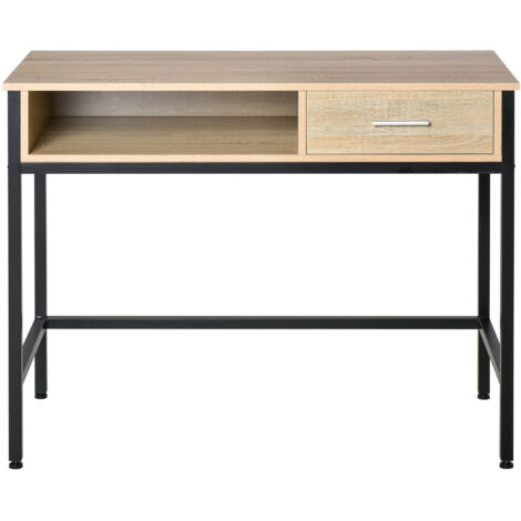 Bureau avec rangement, bureau industriel, bureau d'ordinateur avec tiroir, structure en métal, noir, plateau en chêne clair
