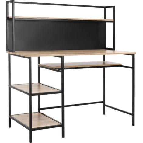 Bureau avec rangement bureau informatique avec 4 étagères, grand plateau et panneau noir pour salon chambre 120L x 53l x 126H cm, chêne et noir