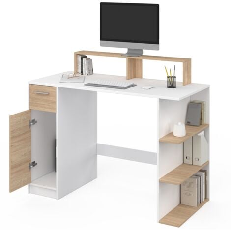 Bureau avec rangement MAY support ordinateur blanc et bois
