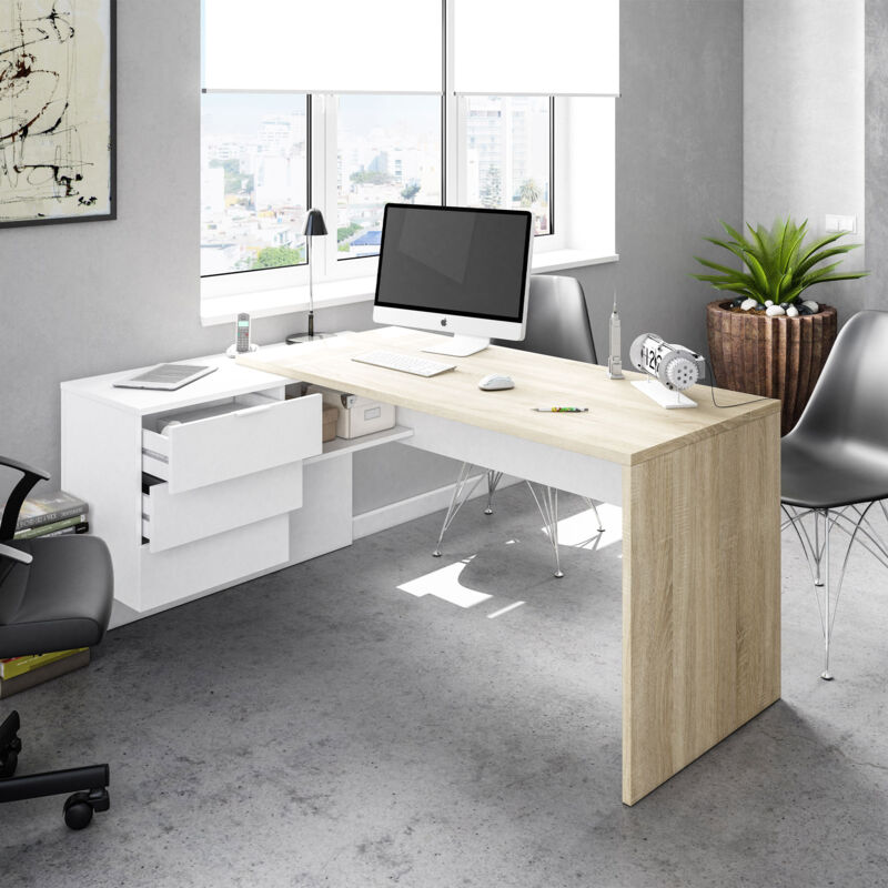 M&s - Bureau avec rangements 145x108x73 cm blanc et chêne clair M&s - Bureau avec rangements 145x108x73 cm blanc et chêne clair
