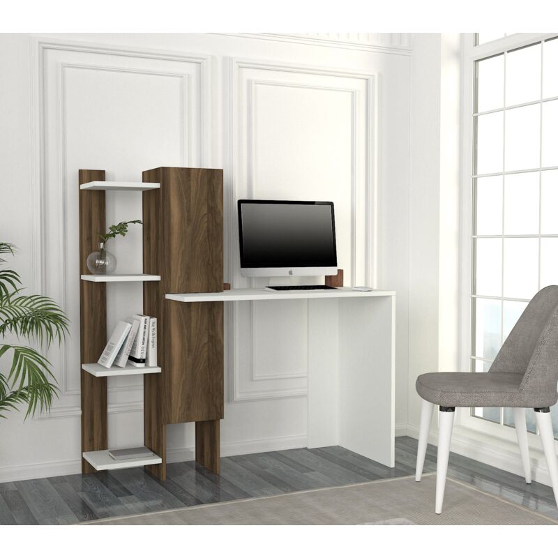 Vente-unique - Bureau Blanc et Noyer avec Bibliothèque Intégrée, 90x72x45 cm, Pour Espace de Travail à Domicile ou Chambre d'Ado
