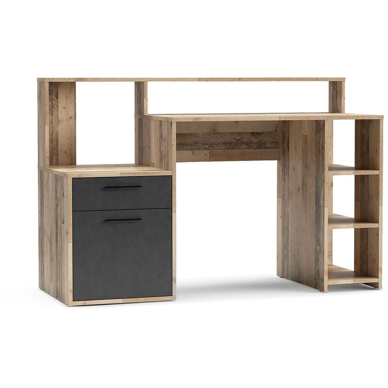 Bureau avec étagères, porte et tiroir L138,5cm Pacolo Chêne industriel et Gris - Bois / Gris