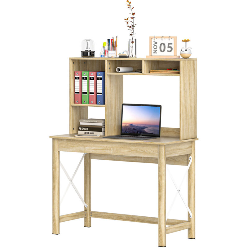 Bureau bibliothèque 2 en 1 - 3 niches 4 espaces de rangement - panneaux particules aspect bois clair métal blanc