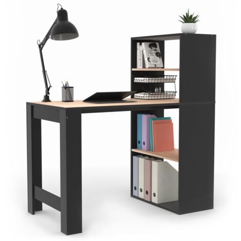 Bureau bibliothèque BEN avec étagères noir et façon hêtre