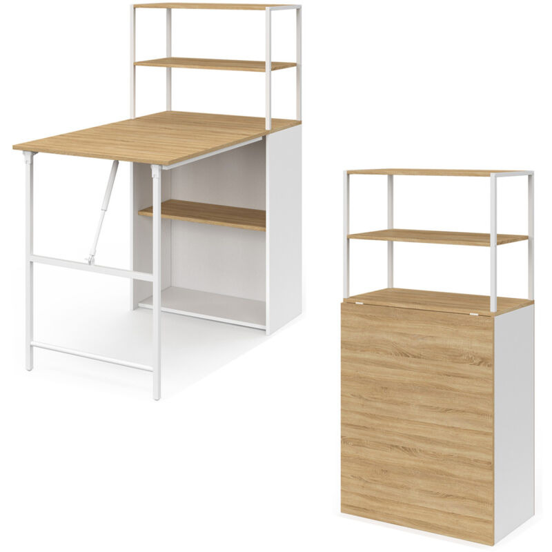Bureau bibliothèque pliable RAY plateau rabattable bois façon hêtre et blanc