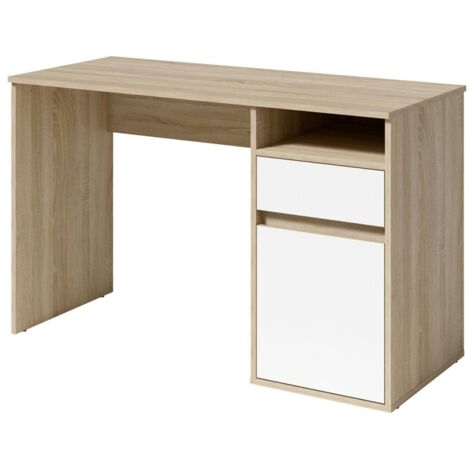 Bureau BILOU chêne et blanc – 1 tiroir, 1 porte et 2 niches – Design bicolore et rangements pratiques