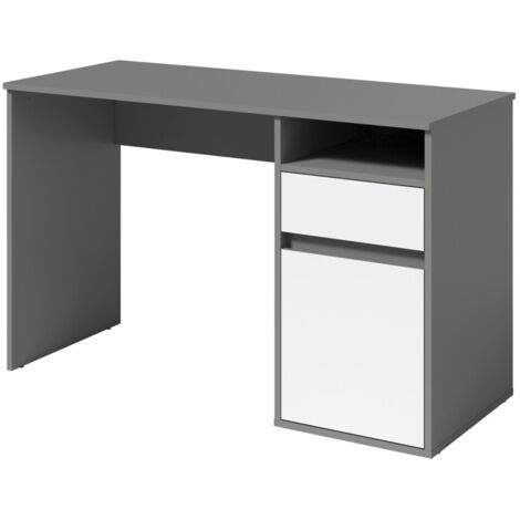 Bureau BILOU gris et blanc – 1 tiroir, 1 porte et 2 niches – Look moderne et rangement pratique