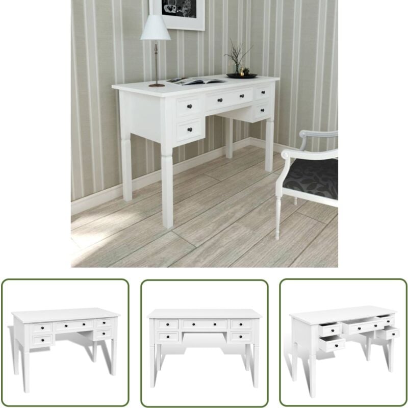 The Living Store - Bureau blanc à 5 tiroirs - Bureau Blanc - Bureau Moderne - Meuble De Bureau - Bureau Avec Tiroirs - Mobilier De Chambre