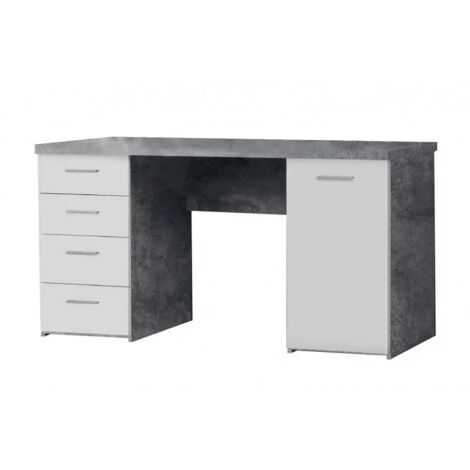 Bureau blanc avec 4 tiroirs et 1 porte décor béton gris - ALVIN