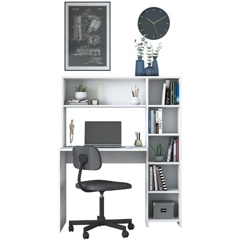 Bureau Blanc avec Bibliothèque et Rangement, 113,2x141,8x40 cm, Pour Espace de Travail Compact ou Chambre d'Étudiant