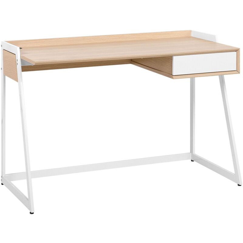 Beliani - Bureau 120 x 60 cm Couleur Bois Clair et Blanc en mdf et Métal avec un Tiroir de Style Moderne et Minimaliste