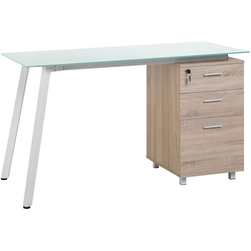 Bureau Moderne avec Rangement Intégré 130 x 60 cm Plateau Effet Verre, Corps Couleur Bois et Pieds en Métal Blanc avec 3 Tiroirs Beliani