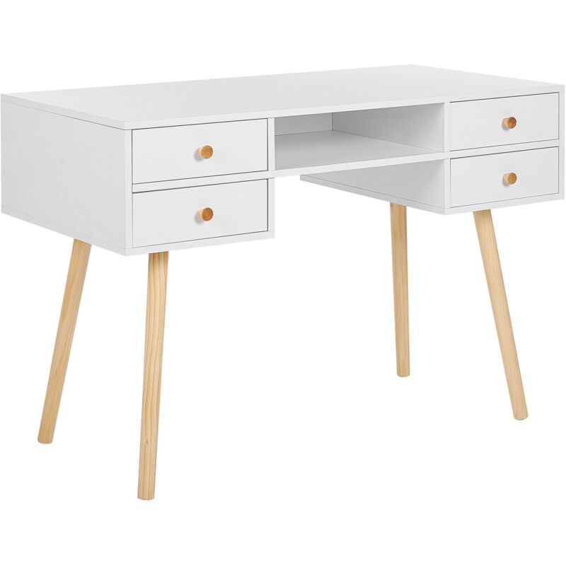 Beliani - Table Bureau Blanc 4 Tiroirs Pratiques Design Scandinave Tendance pour Chambre ou Salon au Style Rétro et Moderne