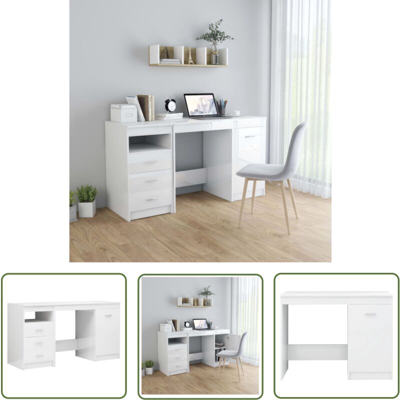 The Living Store Bureau Blanc brillant 140x50x76 cm Bois d'ingénierie - Bureau Blanc - Bureau Design - Bureau Moderne - Bureau Informatique - Meubles