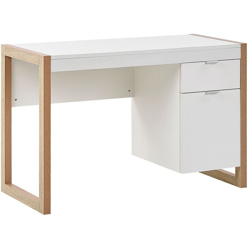 Bureau Design Blanc avec Colonne de Rangement et Piétement Effet Bois Clair Style Moderne et Scandinave Idéal pour Espace Travail à Domicile Beliani