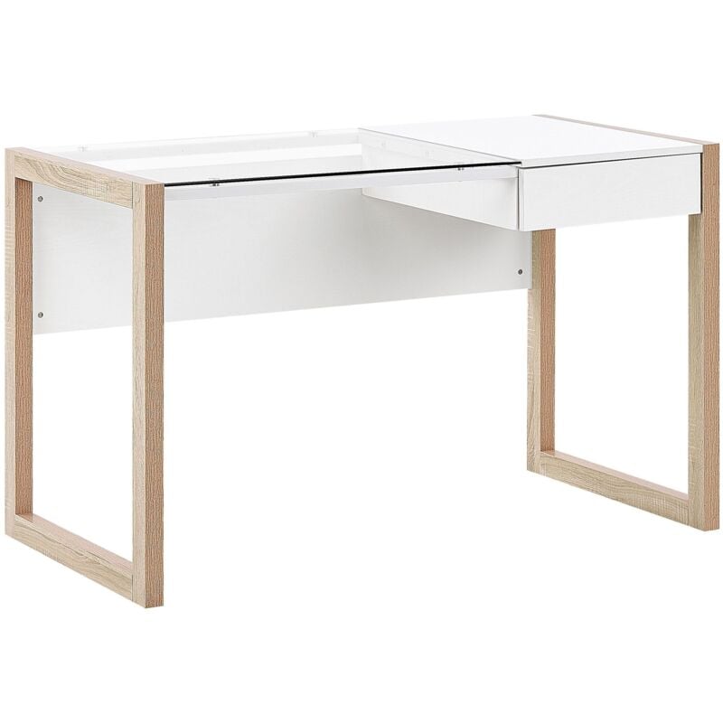 Beliani - Bureau avec Plateau en Verre de Sécurité et Piétement Effet Bois Clair et Blanc et Tiroir Pratique Design Moderne et Scandinave