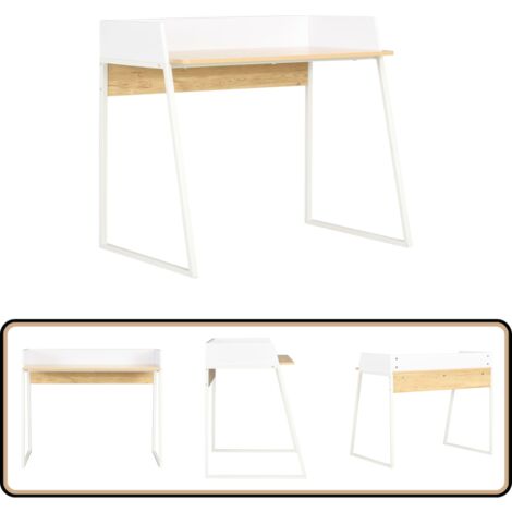 Bureau Blanc et chêne 90x60x88 cm - Bureau Blanc - Bureau Informatique - Bureau Angle - Meuble De Bureau - Bureau Compact