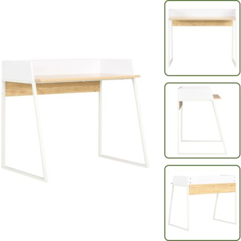 Bureau Blanc et chêne 90x60x88 cm - Bureau Blanc - Bureau Informatique - Bureau Angle - Meuble De Bureau - Bureau Compact
