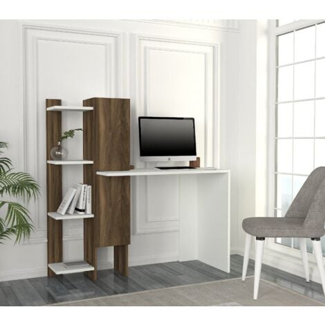 Bureau Blanc et Noyer avec Bibliothèque Intégrée, 90x72x45 cm, Pour Espace de Travail à Domicile ou Chambre d'Ado