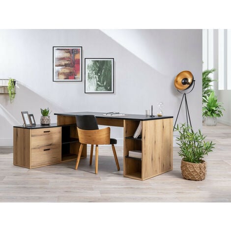 Bureau avec étagère BUZZ imitation chêne et gris - Bureau