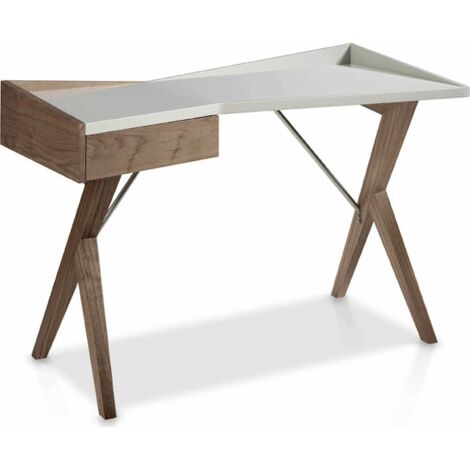 Bureau bois placé noyer plateau laqué - Noir, blanc