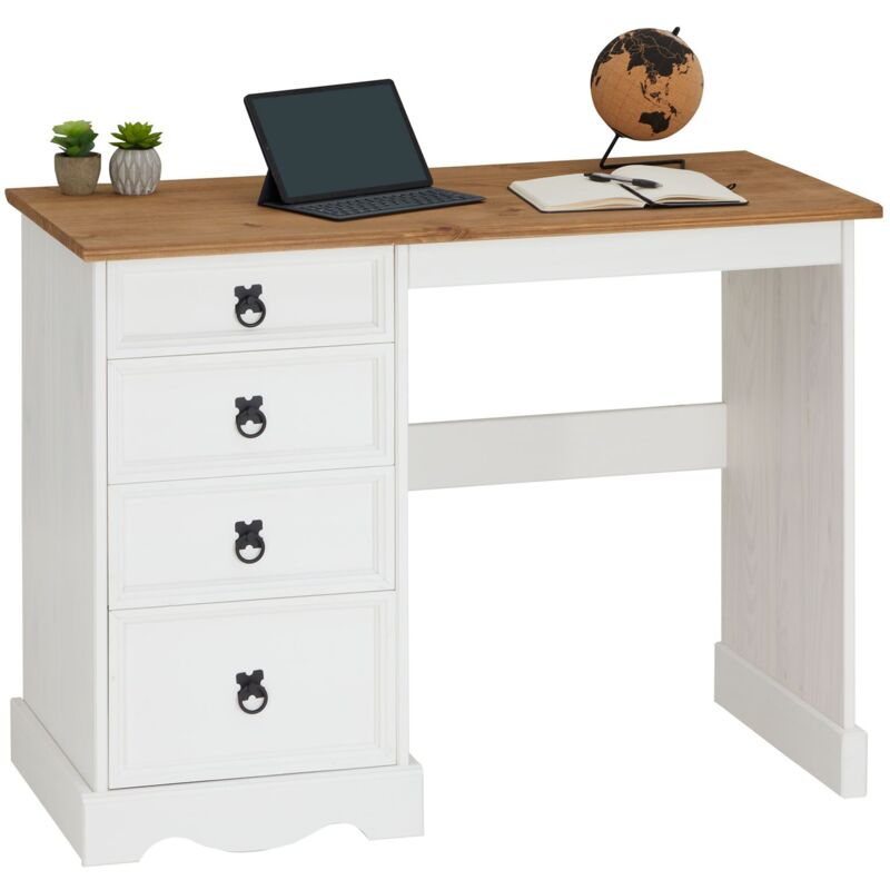 Idimex - Bureau campo en bois massif l 105 cm avec 4 tiroirs - Blanc