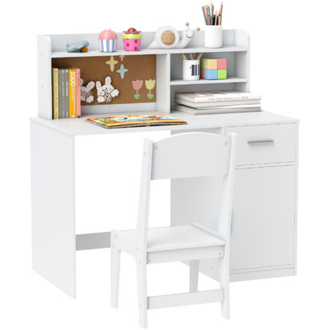 Bureau chaise enfant 3–12 ans, étagères placard tiroir tableau, bois, rangement, étude chambre, 80x50x75 cm, blanc
