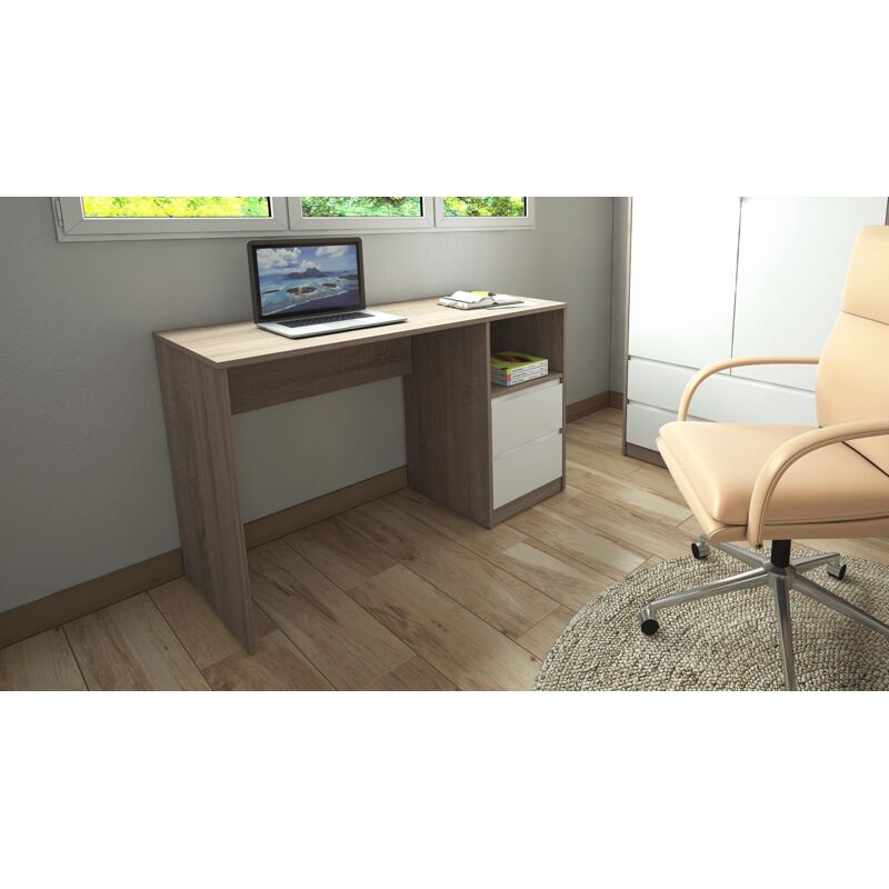 Pegane - Bureau coloris chêne / blanc - Longueur 120 x Hauteur 75 x Profondeur 50 cm